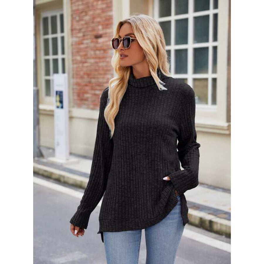 Ribbed Turtleneck Long Sleeve Slit Knit Top