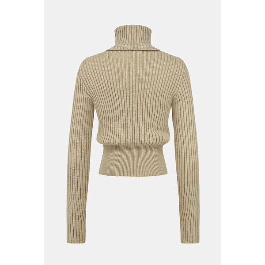 Ribbed Turtleneck Long Sleeve Sweater Khaki / S Apparel and Accessories