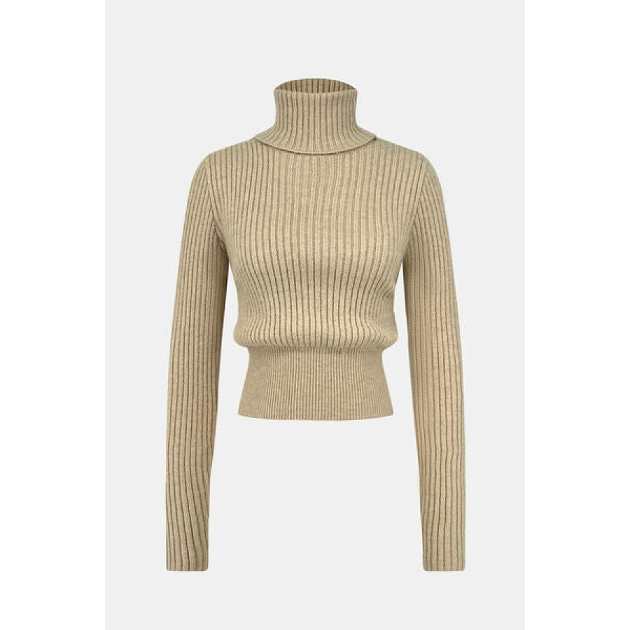 Ribbed Turtleneck Long Sleeve Sweater Khaki / S Apparel and Accessories
