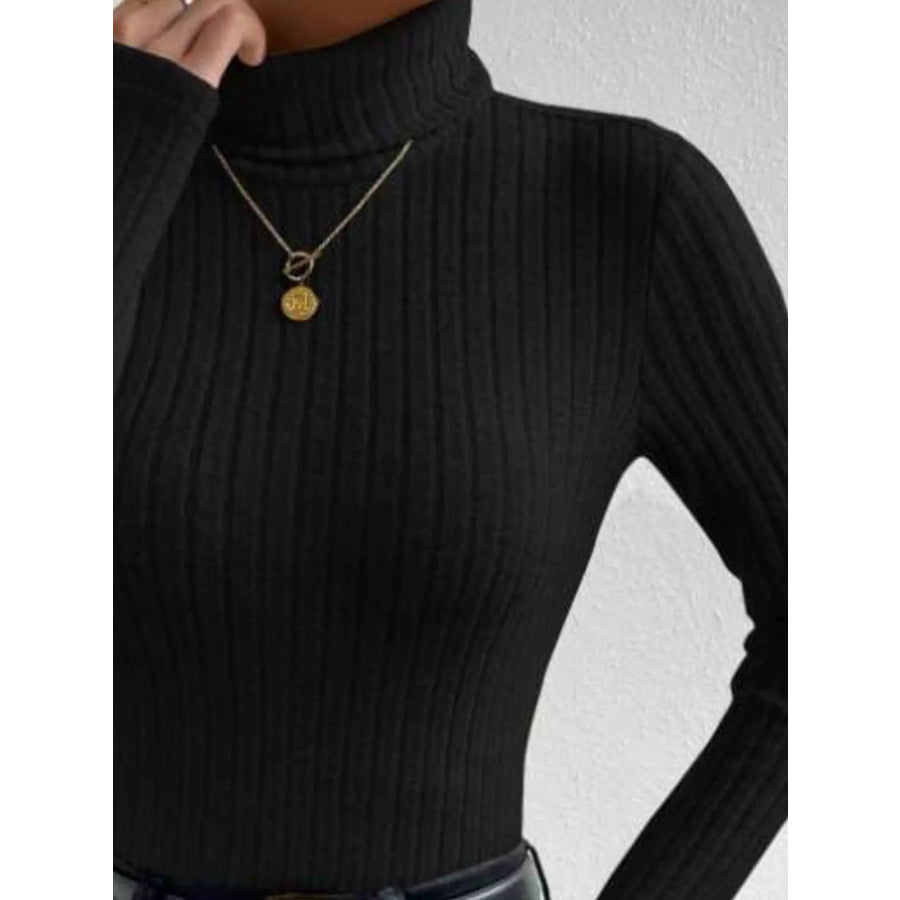 Ribbed Turtleneck Long Sleeve T-Shirt Apparel and Accessories