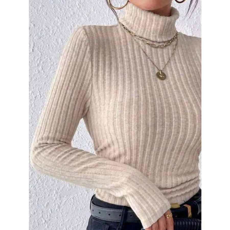 Ribbed Turtleneck Long Sleeve T-Shirt Apparel and Accessories