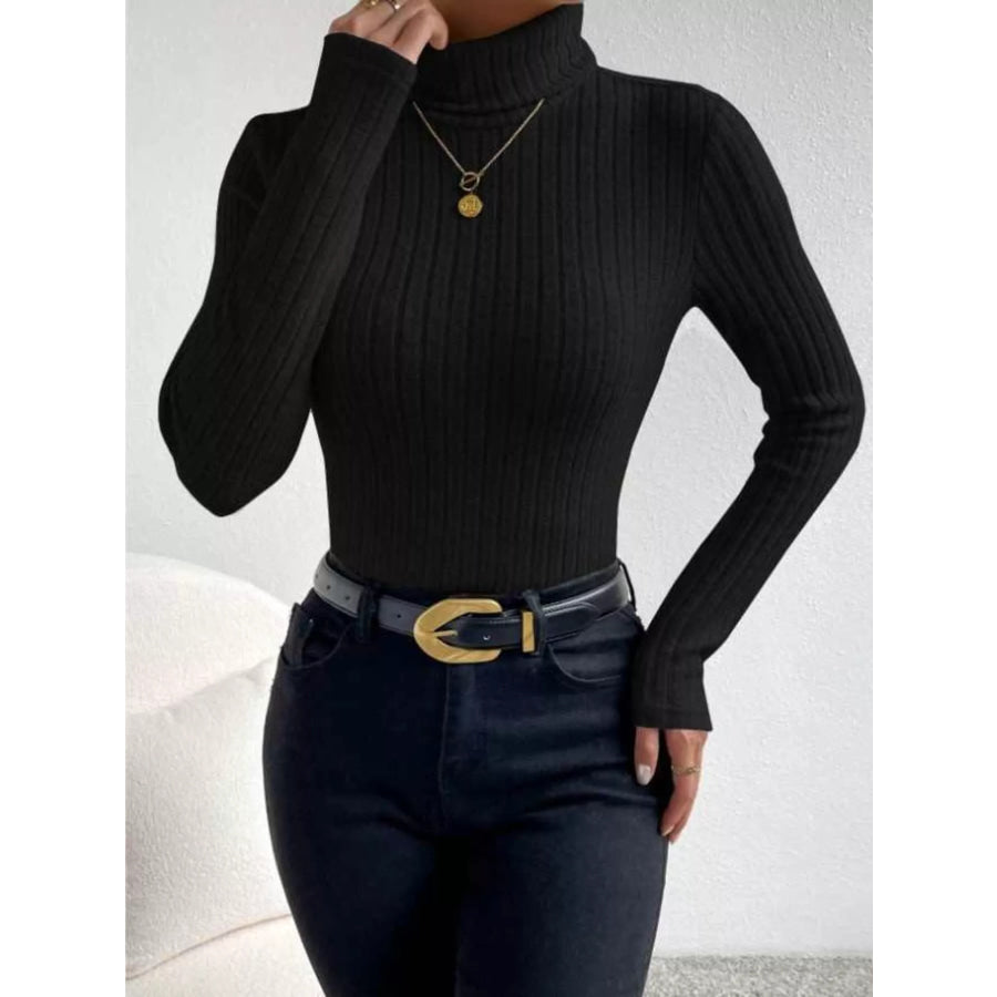 Ribbed Turtleneck Long Sleeve T-Shirt Black / S Apparel and Accessories