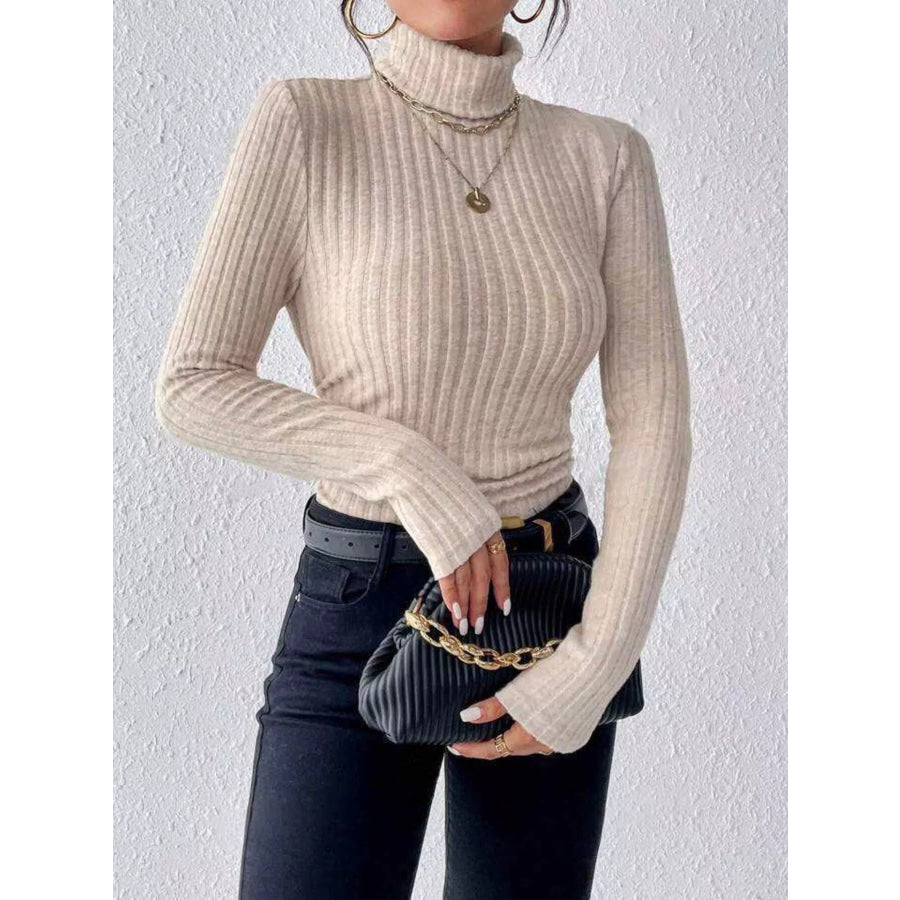 Ribbed Turtleneck Long Sleeve T-Shirt Khaki / S Apparel and Accessories
