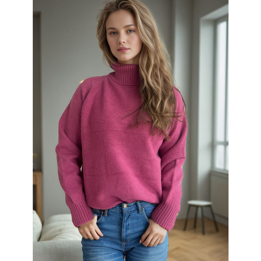 Ribbed Turtleneck Raglan Sleeve Sweater Apparel and Accessories