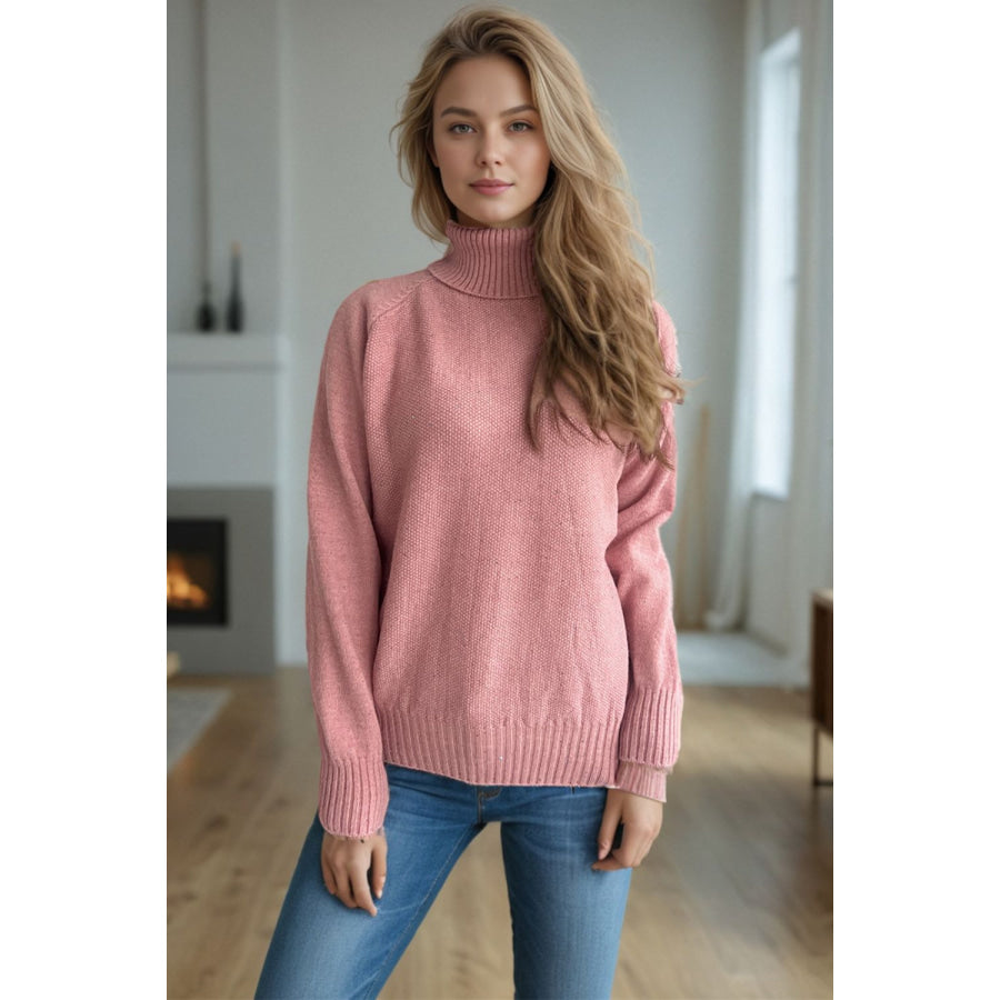 Ribbed Turtleneck Raglan Sleeve Sweater Blush Pink / One Size Apparel and Accessories