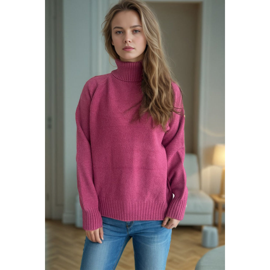 Ribbed Turtleneck Raglan Sleeve Sweater Cerise / One Size Apparel and Accessories