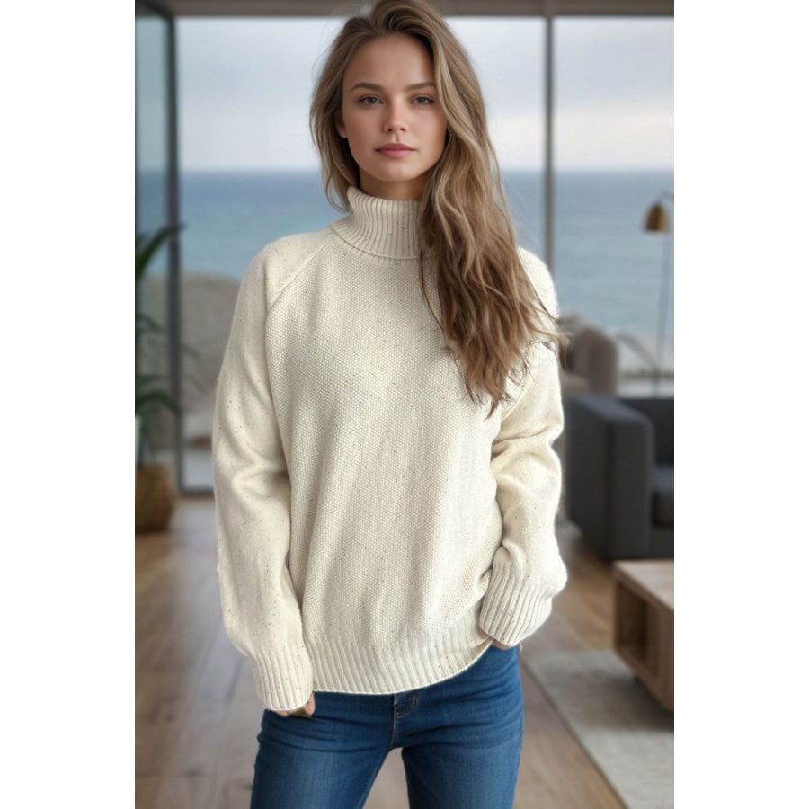 Ribbed Turtleneck Raglan Sleeve Sweater Cream / One Size Apparel and Accessories