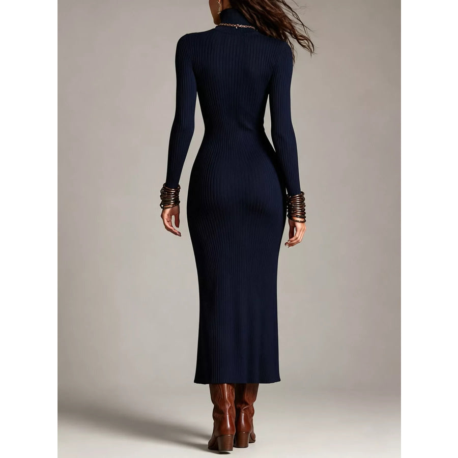 Ribbed Turtleneck Sweater Dress with Cutout and Zipper Slit Dark Navy / S Apparel Accessories