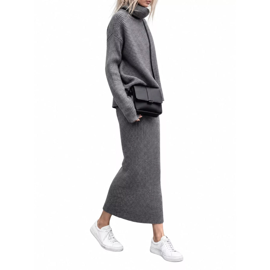 Ribbed Turtleneck Sweater Set with Matching Midi Skirt Apparel and Accessories