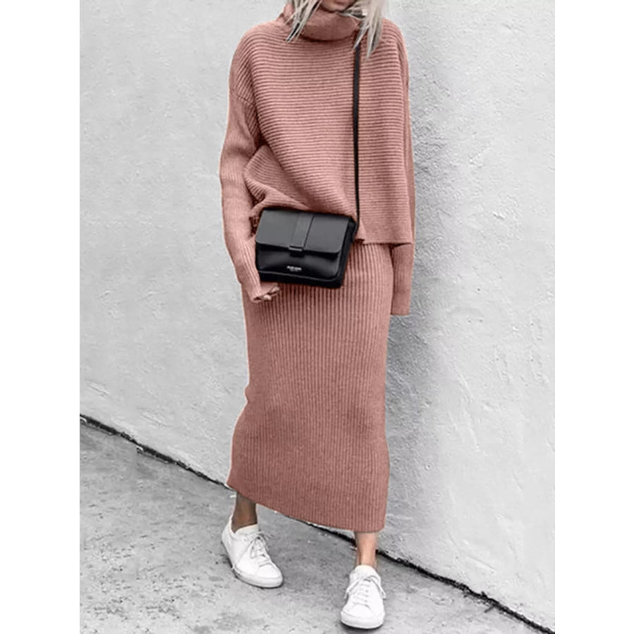 Ribbed Turtleneck Sweater Set with Matching Midi Skirt Apparel and Accessories