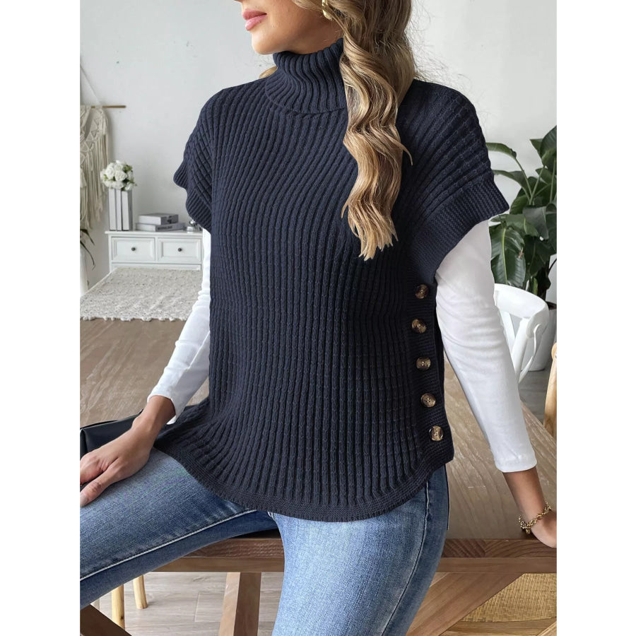 Ribbed Turtleneck Sweater with Side Button Detail Apparel and Accessories
