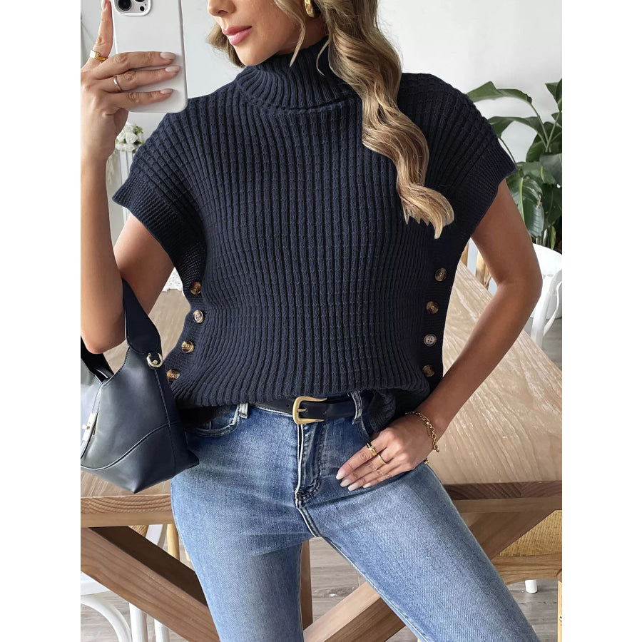 Ribbed Turtleneck Sweater with Side Button Detail Apparel and Accessories