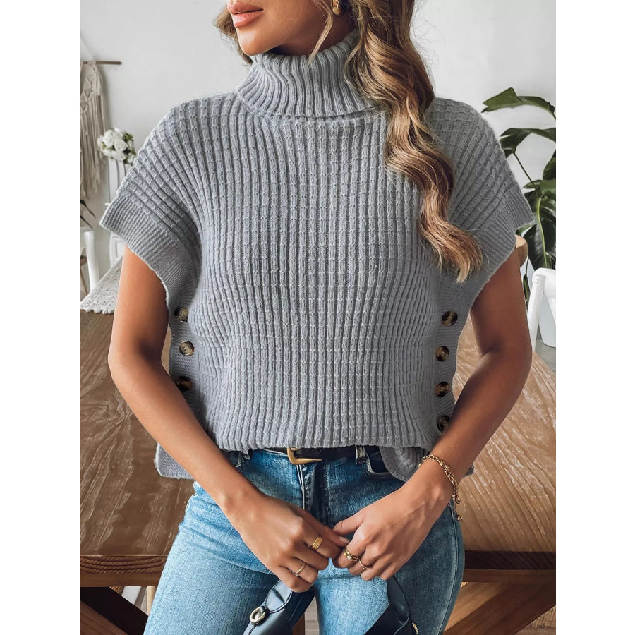 Ribbed Turtleneck Sweater with Side Button Detail Apparel and Accessories