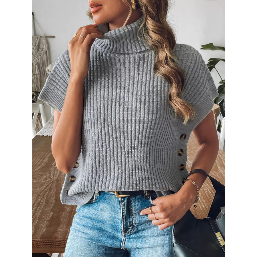 Ribbed Turtleneck Sweater with Side Button Detail Apparel and Accessories
