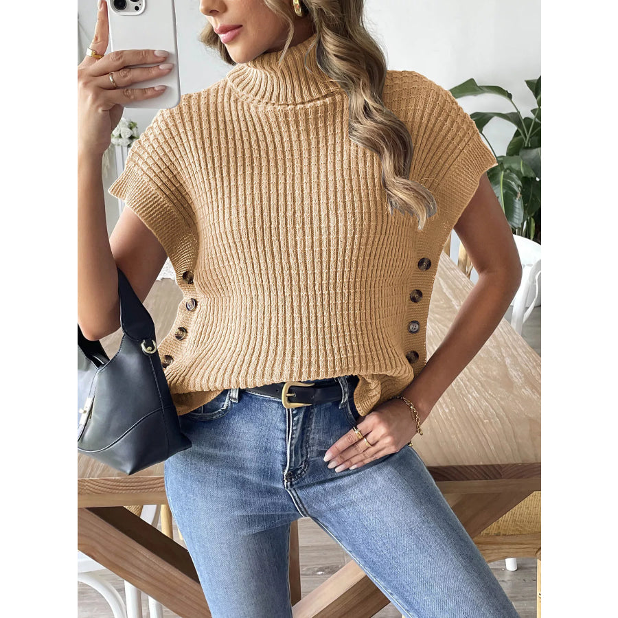 Ribbed Turtleneck Sweater with Side Button Detail Camel / One size fits all Apparel and Accessories