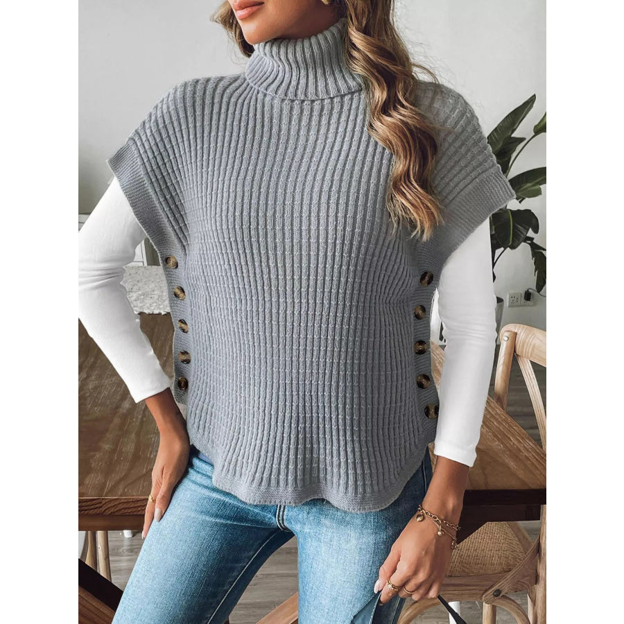 Ribbed Turtleneck Sweater with Side Button Detail Grey / One size fits all Apparel and Accessories