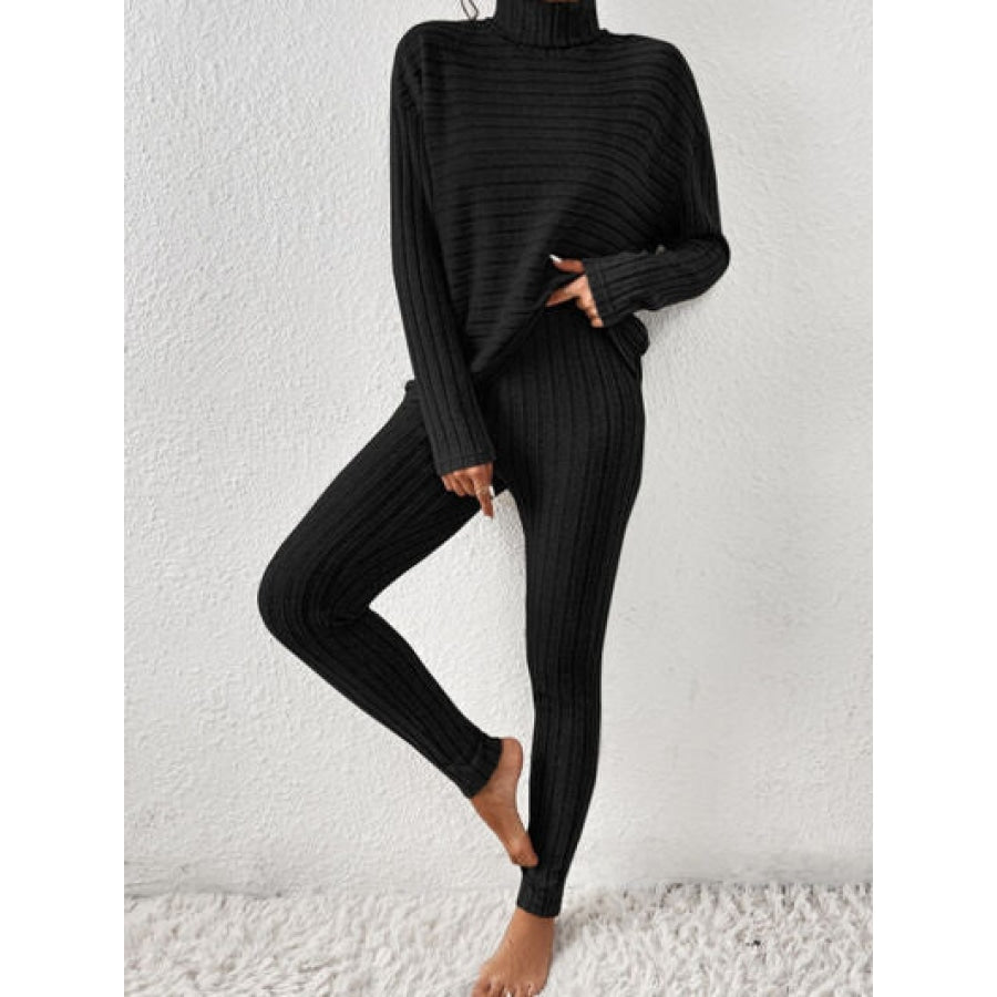 Ribbed Turtleneck Top and Pants Set Black / S Clothing