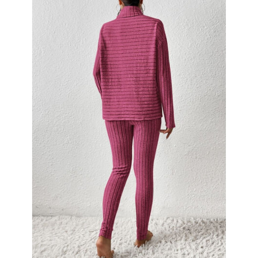 Ribbed Turtleneck Top and Pants Set Clothing