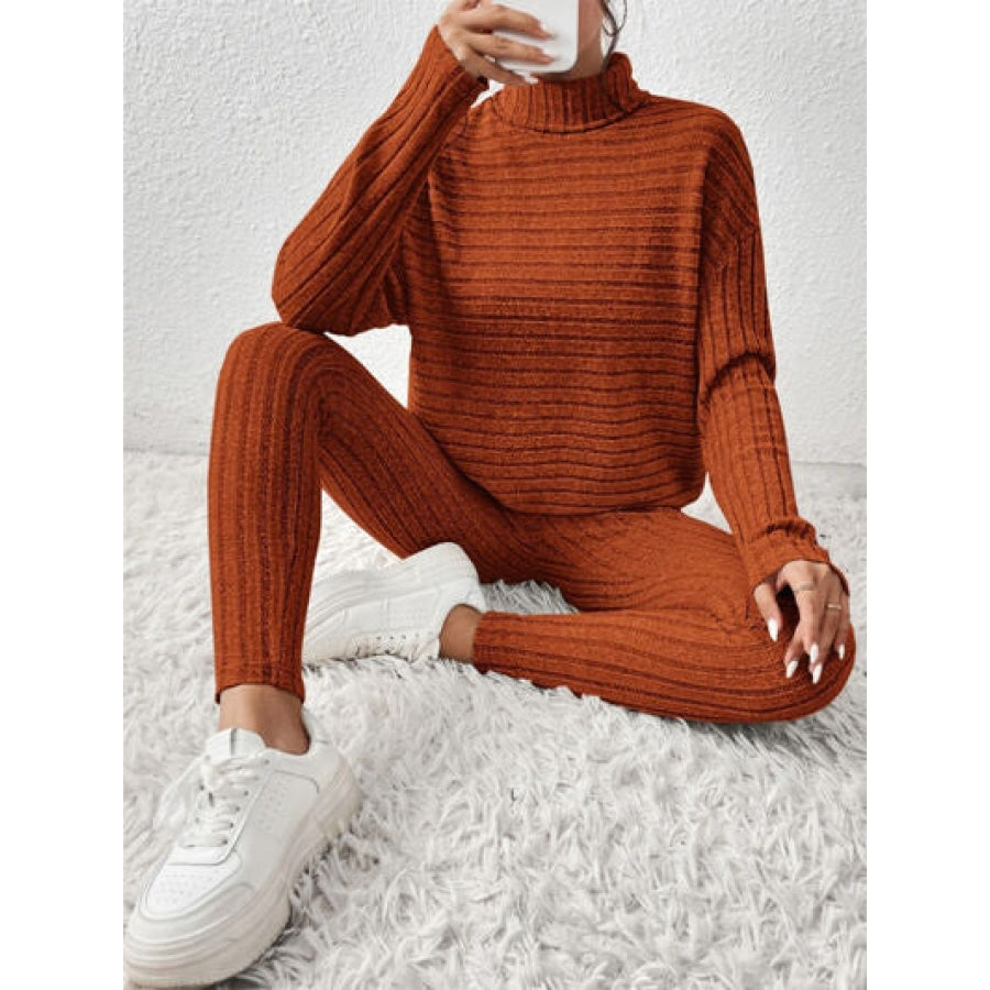 Ribbed Turtleneck Top and Pants Set Clothing