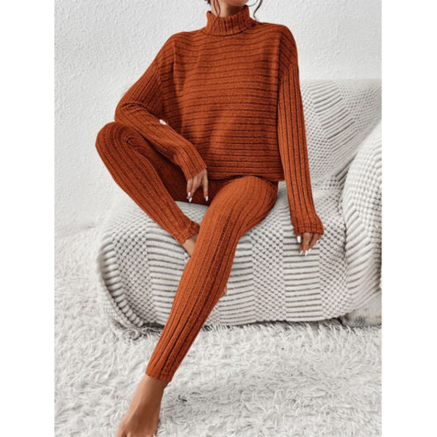 Ribbed Turtleneck Top and Pants Set Clothing