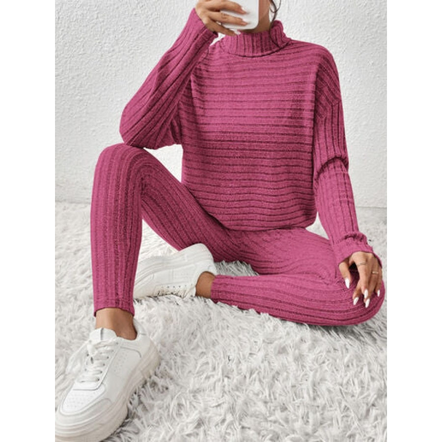 Ribbed Turtleneck Top and Pants Set Clothing