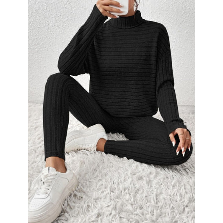 Ribbed Turtleneck Top and Pants Set Clothing