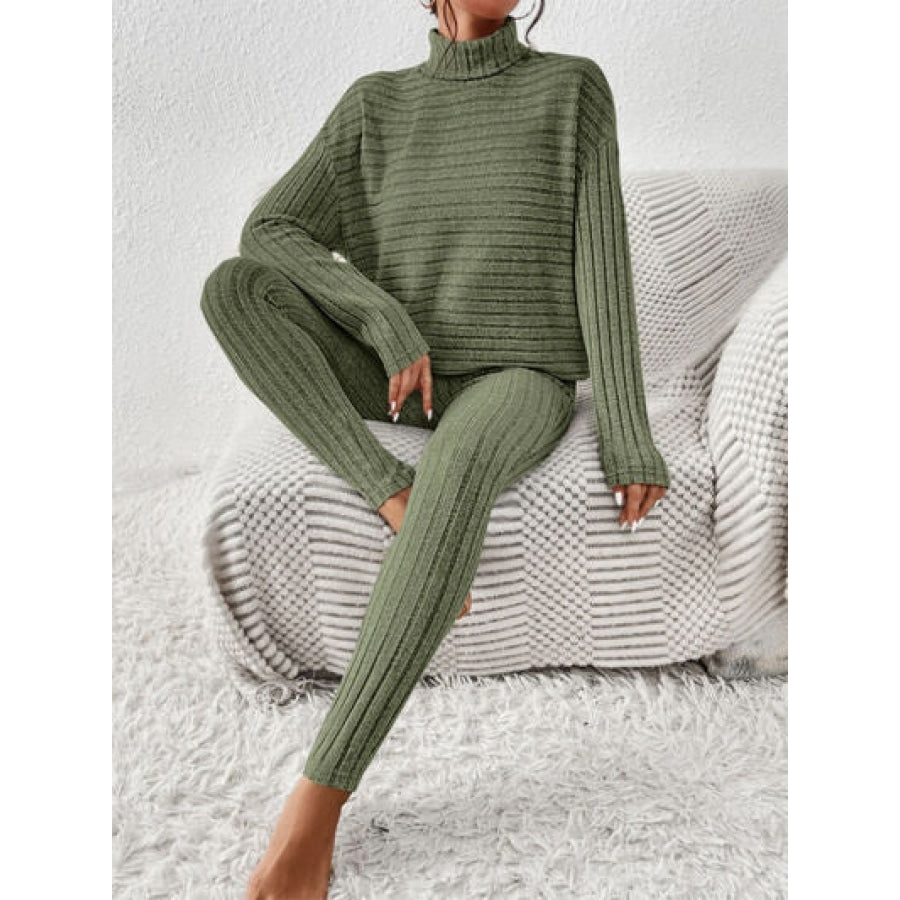 Ribbed Turtleneck Top and Pants Set Clothing