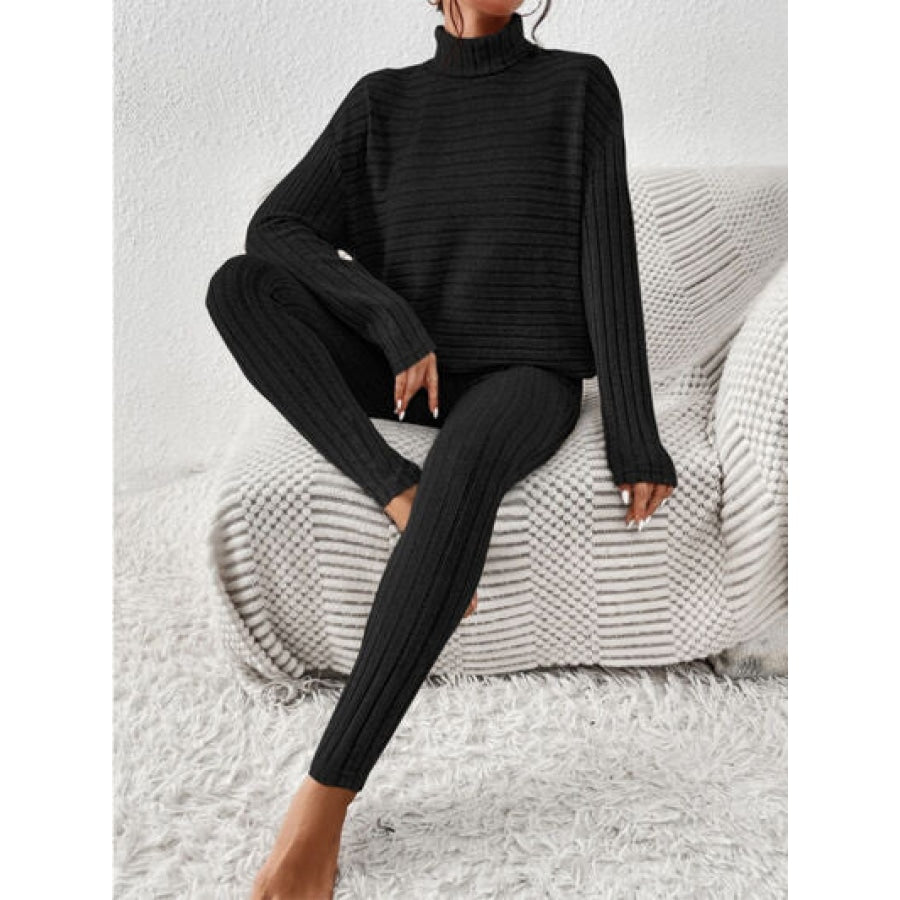 Ribbed Turtleneck Top and Pants Set Clothing