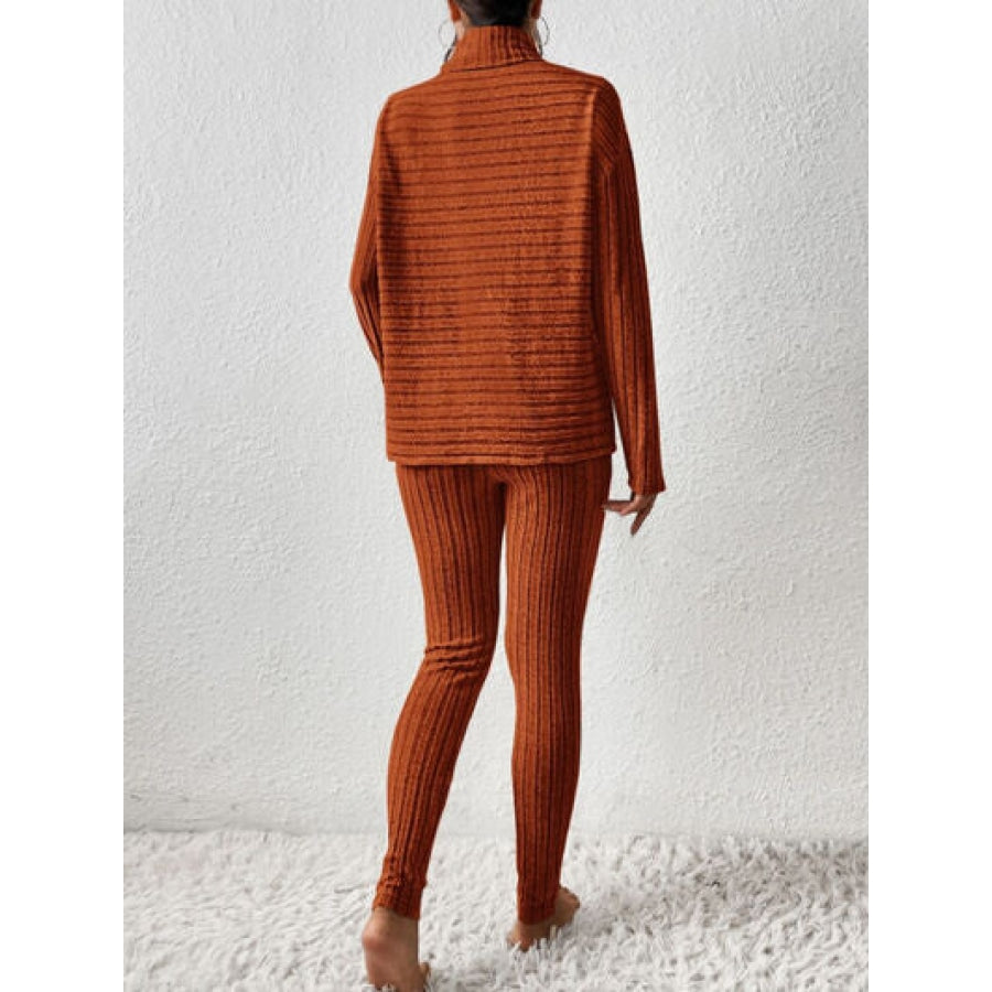 Ribbed Turtleneck Top and Pants Set Clothing