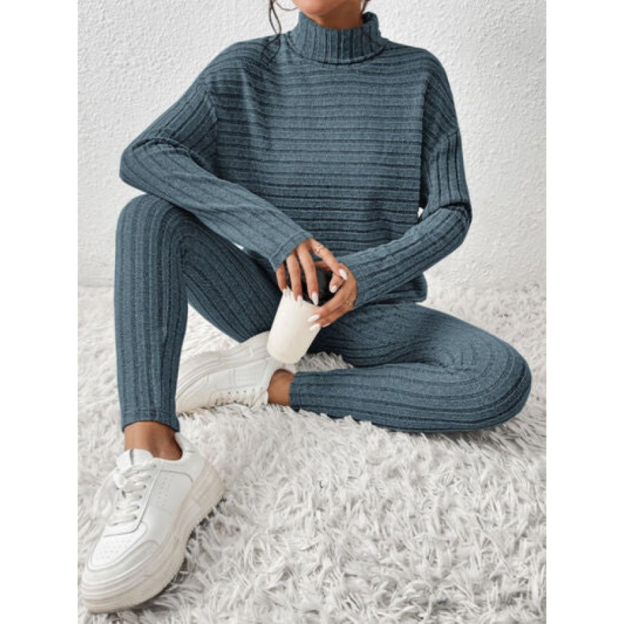 Ribbed Turtleneck Top and Pants Set Clothing