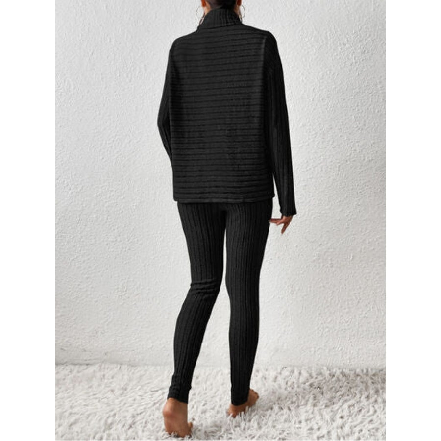 Ribbed Turtleneck Top and Pants Set Clothing