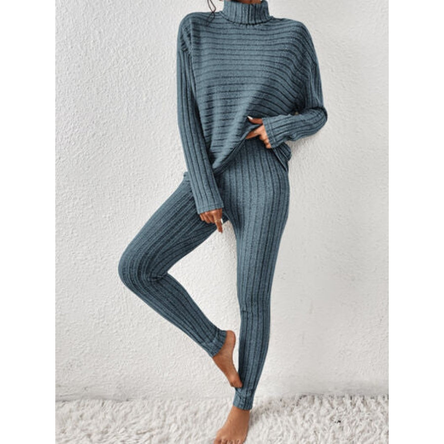 Ribbed Turtleneck Top and Pants Set French Blue / S Clothing