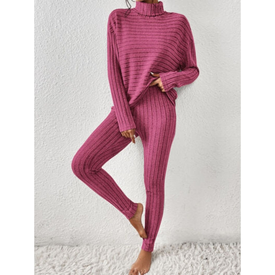 Ribbed Turtleneck Top and Pants Set Hot Pink / S Clothing