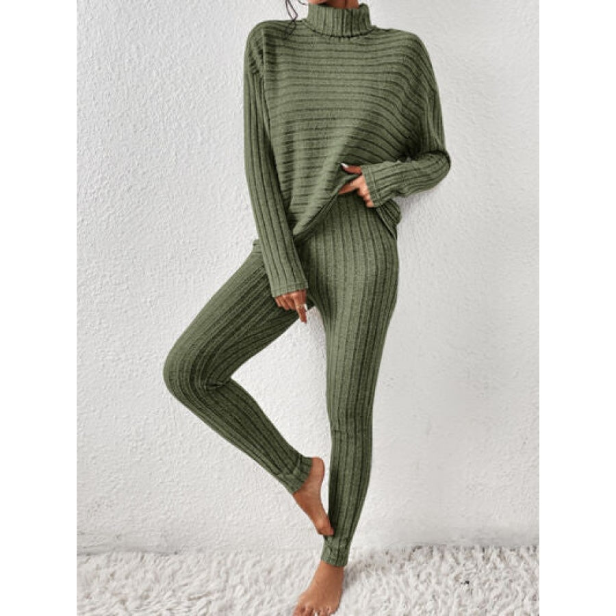 Ribbed Turtleneck Top and Pants Set Moss / S Clothing