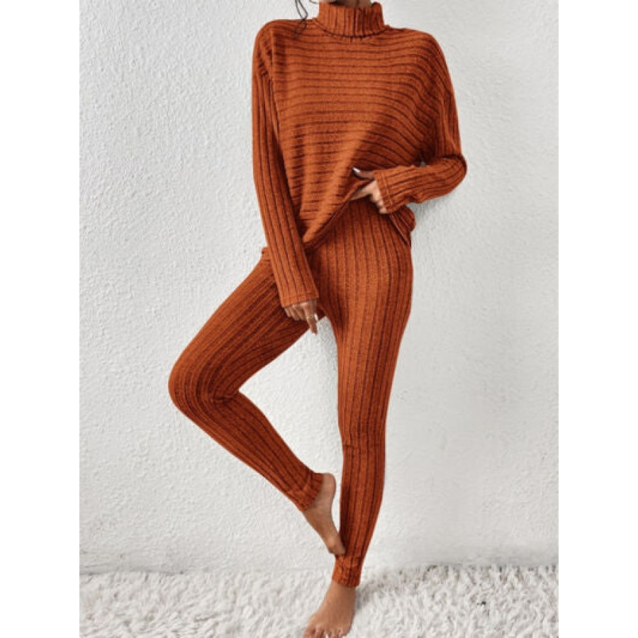 Ribbed Turtleneck Top and Pants Set Ochre / S Clothing