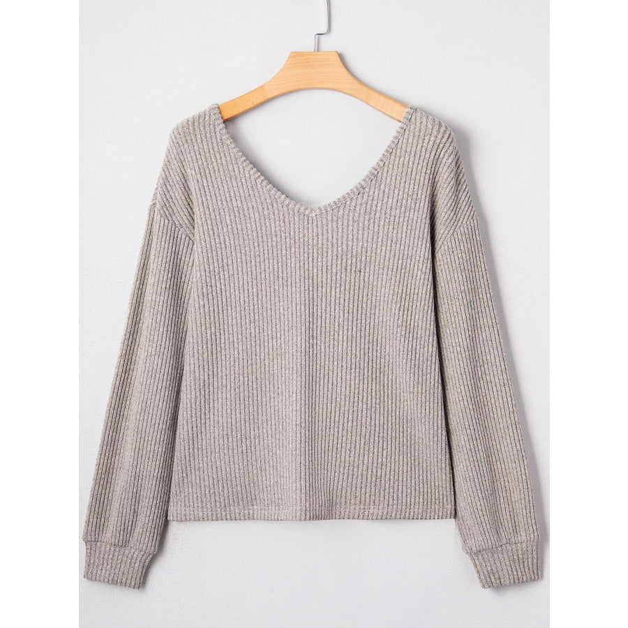 Ribbed V Neck Contrast Ribbon Bow Back Drop Shoulder Long Sleeve Top Apparel and Accessories