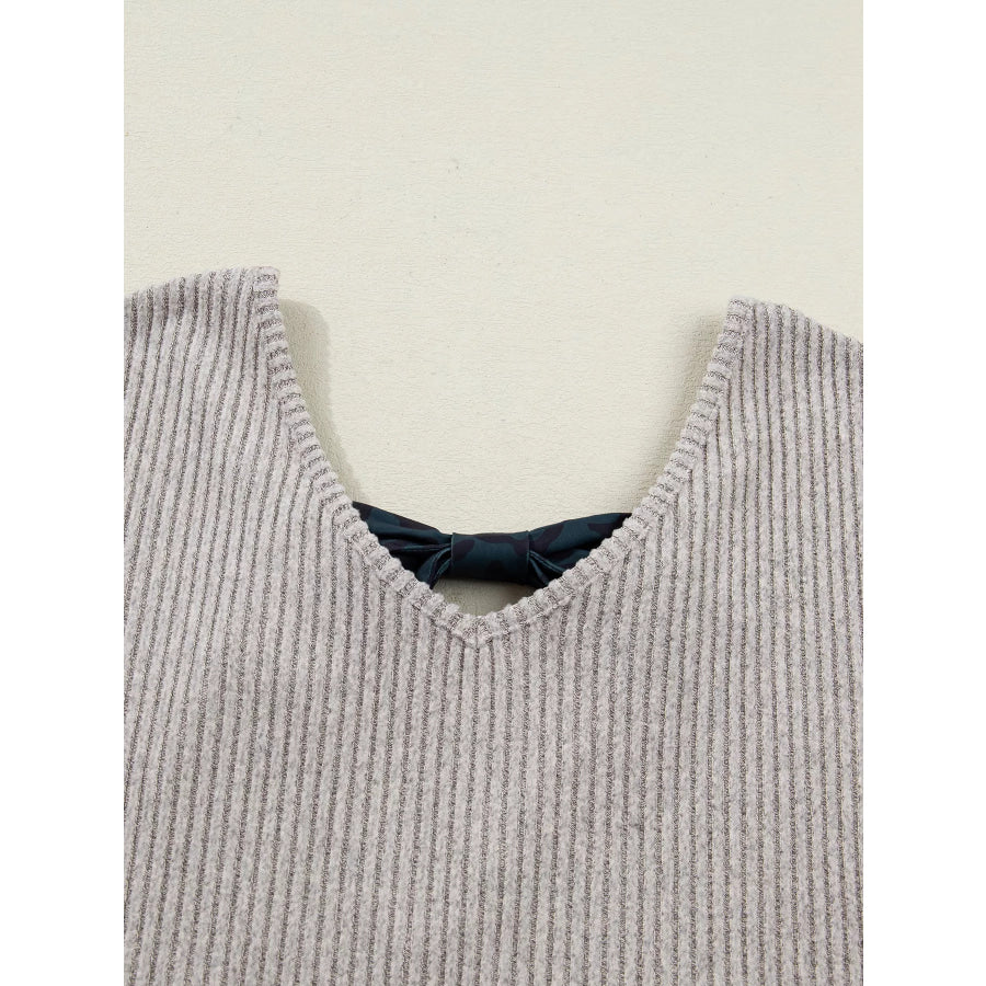 Ribbed V Neck Contrast Ribbon Bow Back Drop Shoulder Long Sleeve Top Apparel and Accessories