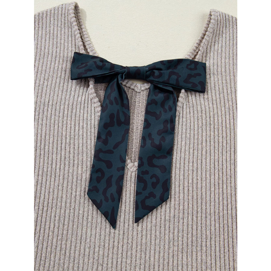 Ribbed V Neck Contrast Ribbon Bow Back Drop Shoulder Long Sleeve Top Apparel and Accessories