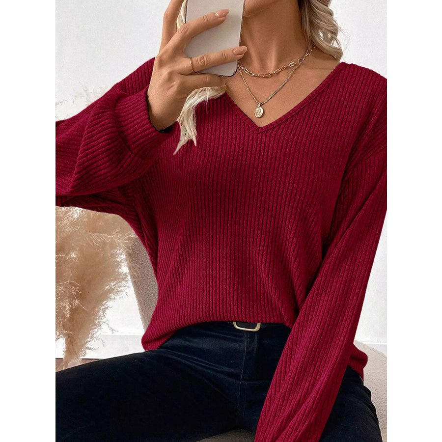 Ribbed V Neck Contrast Ribbon Bow Back Drop Shoulder Long Sleeve Top Apparel and Accessories