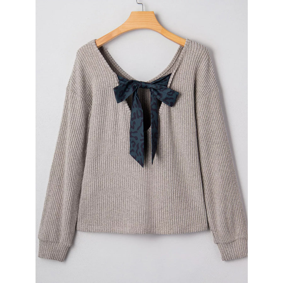 Ribbed V Neck Contrast Ribbon Bow Back Drop Shoulder Long Sleeve Top Apparel and Accessories
