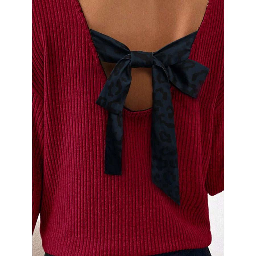 Ribbed V Neck Contrast Ribbon Bow Back Drop Shoulder Long Sleeve Top Apparel and Accessories