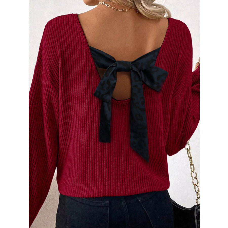Ribbed V Neck Contrast Ribbon Bow Back Drop Shoulder Long Sleeve Top Burgundy / S Apparel and Accessories