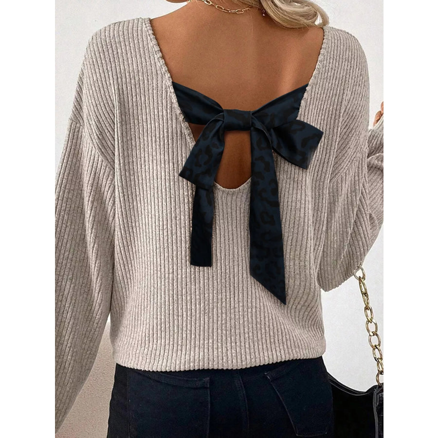 Ribbed V Neck Contrast Ribbon Bow Back Drop Shoulder Long Sleeve Top Light Gray / S Apparel and Accessories