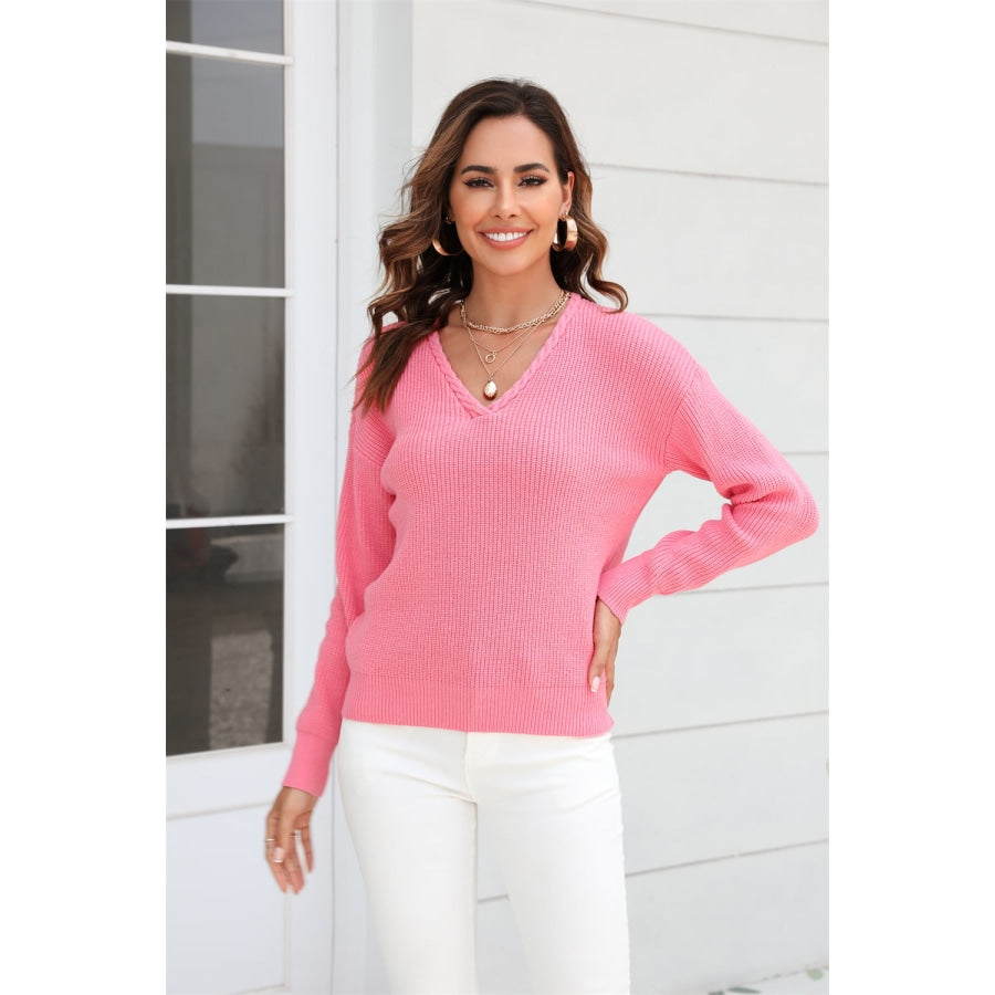 Ribbed V-Neck Dropped Shoulder Knit Top Carnation Pink / S