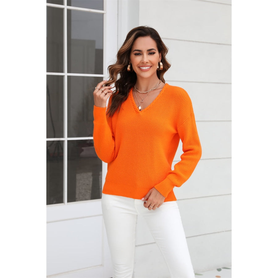 Ribbed V-Neck Dropped Shoulder Knit Top Orange / S