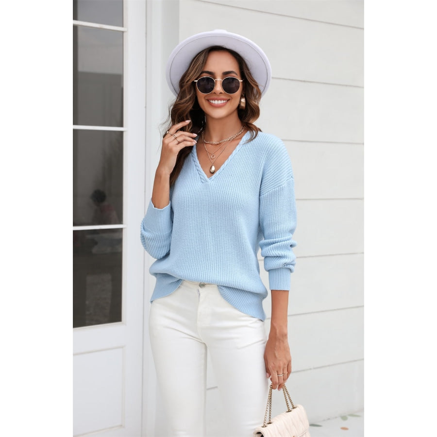 Ribbed V-Neck Dropped Shoulder Knit Top Pastel Blue / S