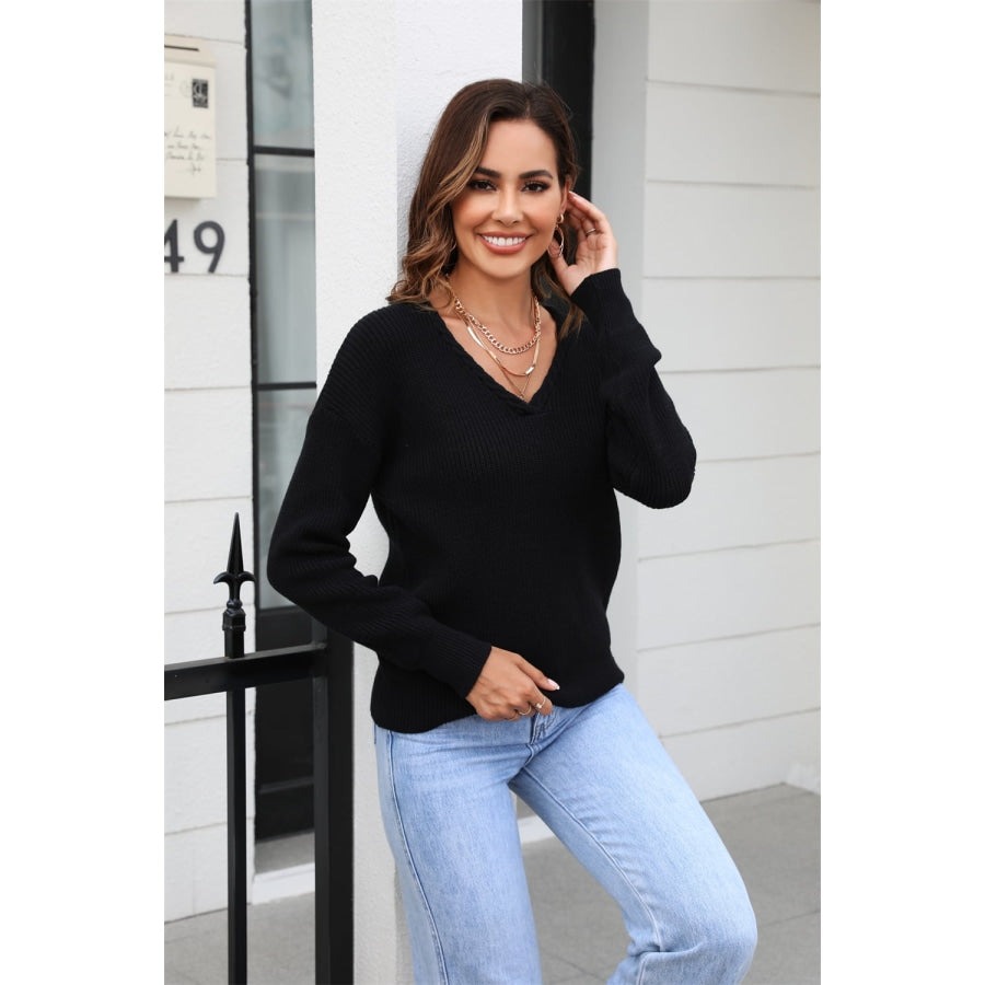 Ribbed V-Neck Dropped Shoulder Knit Top