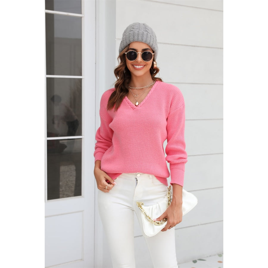 Ribbed V-Neck Dropped Shoulder Knit Top