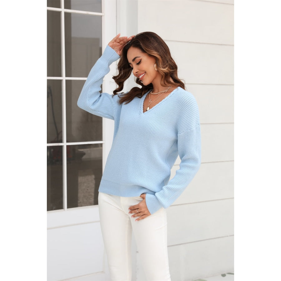 Ribbed V-Neck Dropped Shoulder Knit Top