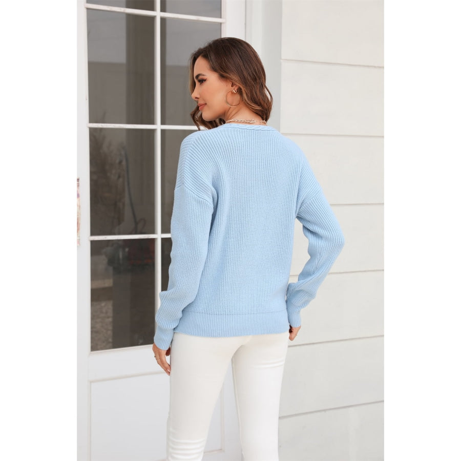 Ribbed V-Neck Dropped Shoulder Knit Top